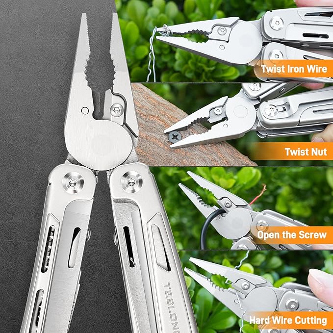 Teslong 18-in-1 EDC Multitool Pliers with Scissors Pocket Knifes with Screwdrivers Replaceable Wire Cutters and Saw with Self-locking Outdoor Survival Camping Stainless Steel Gift for Men Dad