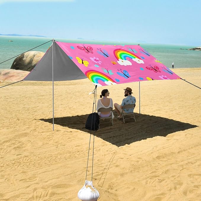 xigua Butterflies Beach Tent Sun Shelter with Carrying Bag - Silver Coated Oxford Fabric Beach Canopy for Beach Camping Fishing - Includes Windproof Ropes Sandbags &amp Stakes