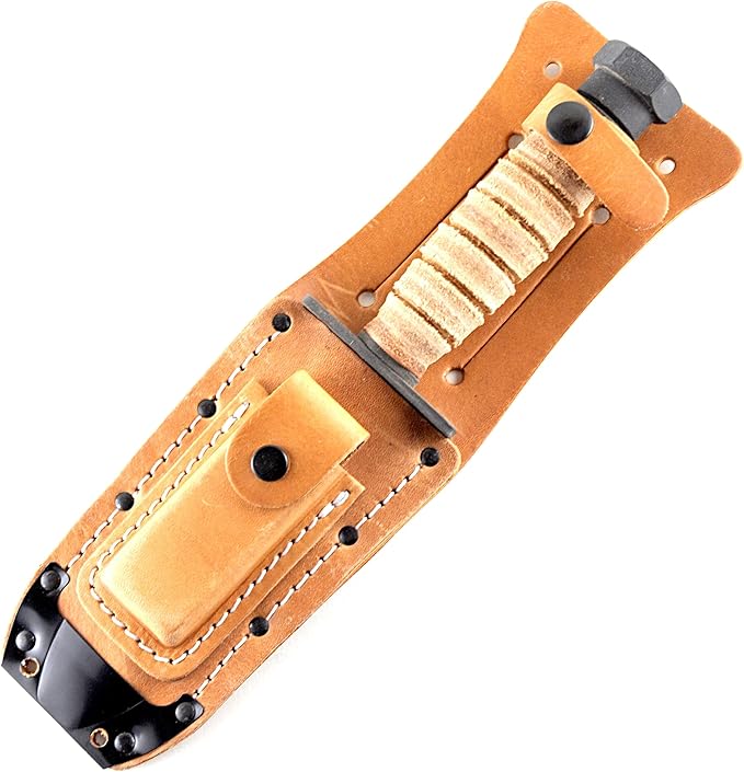 Ontario Knife Company 499 Air Force Survival Knife 5 Sawback Blade with False Top Edge and Blood Grooves Natural Leather Handle and Sheath - 6150 (Color May Vary)Black