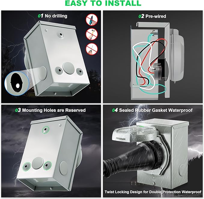 50 Amp Generator Cord and Inlet Box Kit - 50FT ETL Certified Twist Lock NEMA 14-50P to SS2-50R Pre-Drilled for Easy Installation STW 6/3+8/1 AWG for 125V/250V