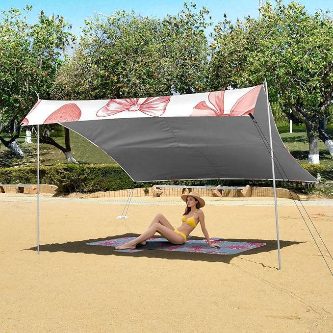 ALAZA Pink Bows Strawberries Pattern Beach Tent Sun Shelter Portable Canopy Sunshade for Outdoor Camping Picnics Backyard Fun 10x9 ft