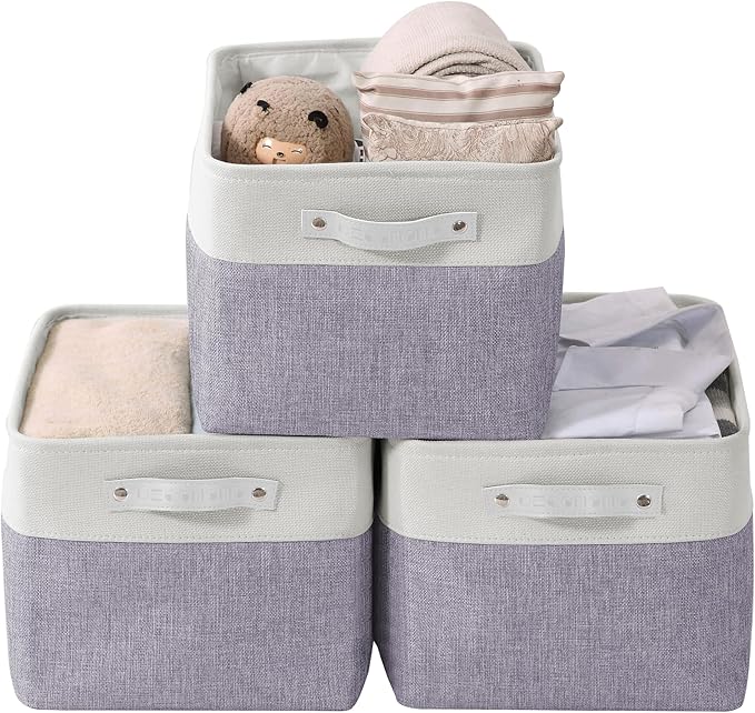 DECOMOMO Storage Baskets for Shelves - Fabric Storage Bins Linen Closet Organizers and Storage (Purple &amp White Large - 3 Pack)