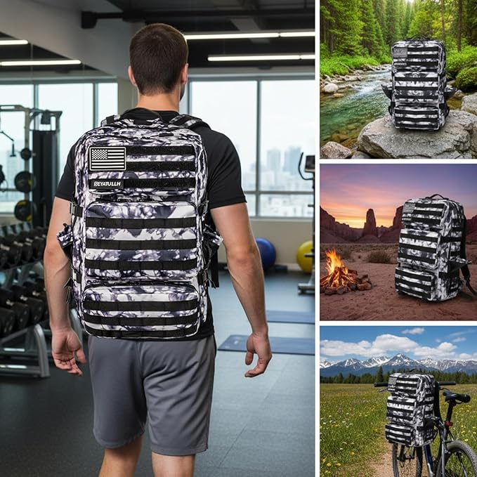 Military Tactical Backpack 55L for Men &amp Women Bug Out Bag Assault pack Molle Daypack Hiking Trekking Rucksack (Black and white tie dye)