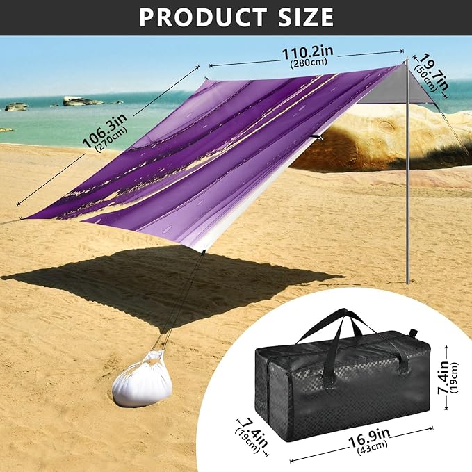 xigua Purple Texture Beach Tent Sun Shelter with Carrying Bag - Silver Coated Oxford Fabric Beach Canopy for Beach Camping Fishing - Includes Windproof Ropes Sandbags &amp Stakes