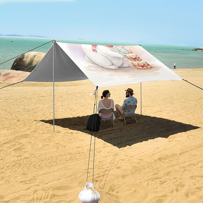 Easter Bunny Beach Canopy Sun Shelter with Sandbags &amp Sand Shovel &amp Windproof Ropes - Portable 110x126 Beach Shade Beach Tent for Camping Picnics