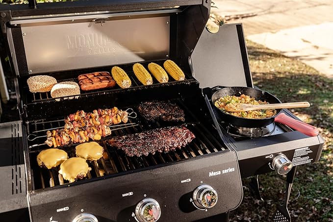 Monument Grills Outdoor Barbecue Stainless Steel 3 Burner Propane Gas Grill 48000 BTU Patio Garden Grill with Side Burner and Knob Controls Mesa325 with BBQ Cover