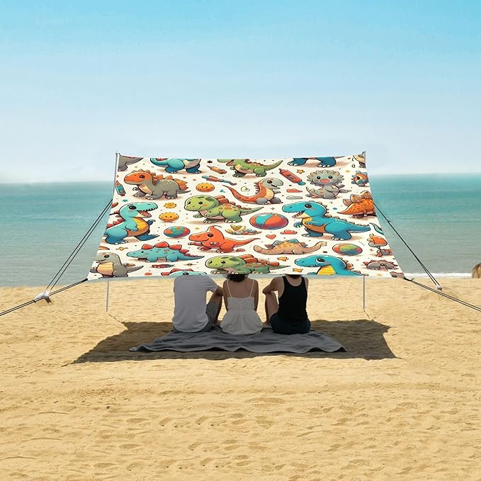 ALAZA Cute Dinosaur Cartoon Dino Beach Tent Sun Shelter UPF50+ Protection Beach Shade Canopy w/ 4 Sandbags for Outdoor Camping Fishing Backyard Fun Picnic 10x9 ft