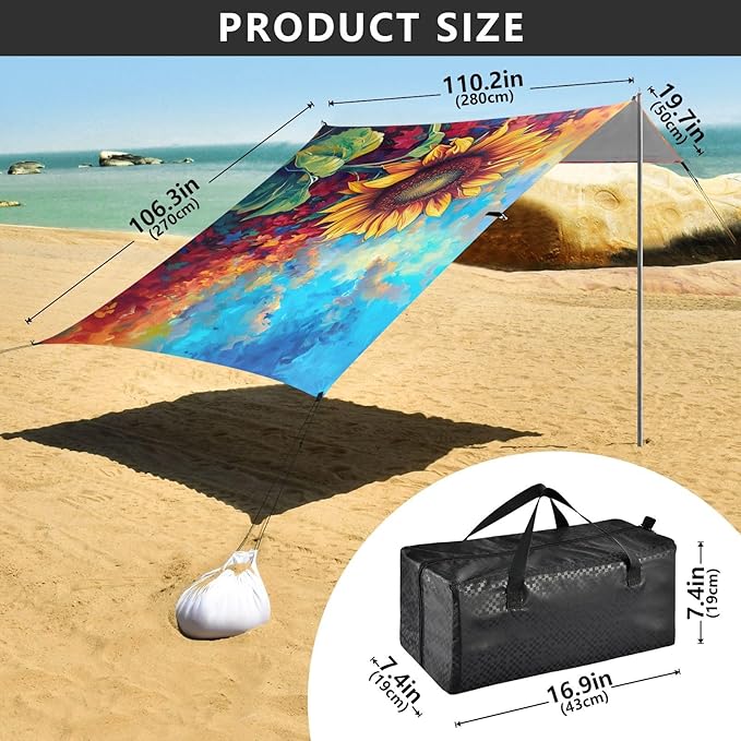 ALAZA Surreal Beautiful Vibrant Sunflower Oil Painting Beach Tent Sun Shelter UPF50+ Protection Beach Shade Canopy w/ 4 Sandbags for Outdoor Camping Fishing Backyard Fun Picnic 10x9 ft