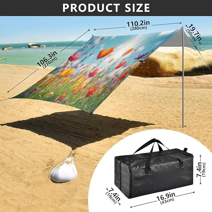 Spring Flowers Beach Tent Sun Shelter Set UPF50+ UV Protection 10.5 x 9.19 FT Camping Shade Canopy with Sandbags Sand Anchors Carrying Bag and Others