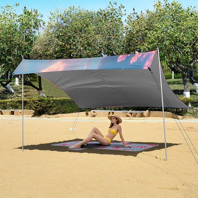 Meadow Pink Landscape Beach Tent Sun Shelter Set UPF50+ UV Protection 10.5 x 9.19 FT Camping Shade Canopy with Sandbags Sand Anchors Carrying Bag and Others