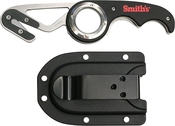 Smith's 51103 Folding Gut Hook &amp Seatbelt Cutter - Stainless Steel Razor Cutting Blade - GFN Textured Handle - Lightweight Compact + Portable - Sheath w/Pocket Clip