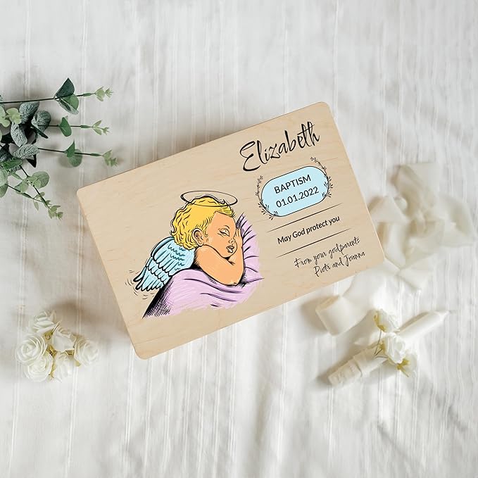 Creative Deco Personalized Wooden Storage Box Baptism Box | 11.8 x 7.87 x 5.51 in (+-0.5) | Multiple Choice | Hinged Lid Handle Engraving | Unpainted Gift Box | Rough UNSANDED Keepsake Souvenir Chest