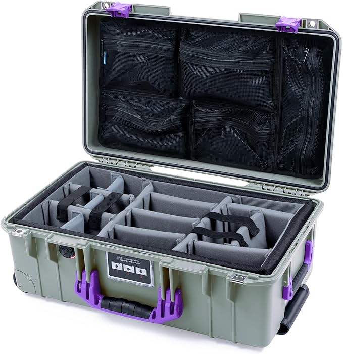 Pelican Air 1535 Carry-On Sage Green - Medium Size Waterproof Case with Grey Padded Divider and Mesh Lid Organizer - Purple Handles &amp Latches