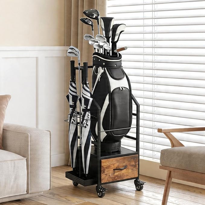 Golf Bag Organizer Rack with Wheels Golf Storage Organizer for GarageGolf Stand &amp AccessoriesBrown Garage Organizer Fit Single Golf Bags