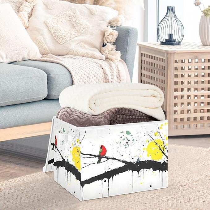 Art Drawing Bird Storage Cube Bins Basket with Lid Collapsible Flip-top Fabric with Handle for Home Bedroom Closet Office 16.5×12.6×11.8 in