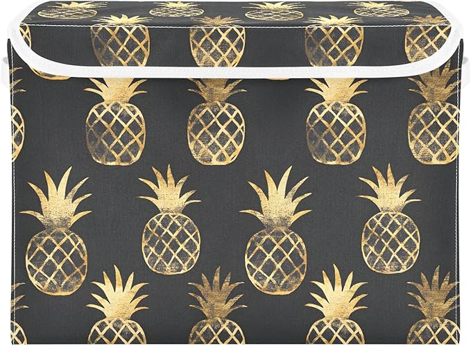 Storage Cube with Lid Golden Pineapple Print 16.5×12.6×11.8 IN 1 Pack Collapsible Large Capacity Foldable Storage Basket Bin Organizer