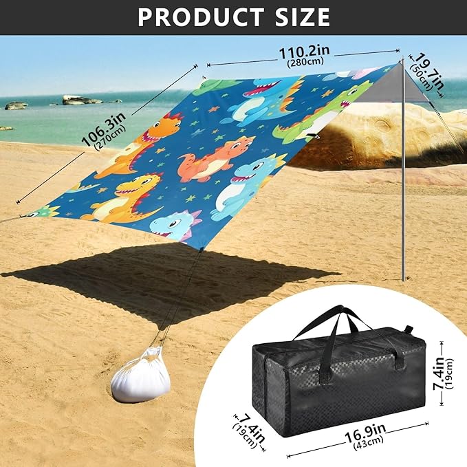 ALAZA Cute Colorful Dinosaur Star Beach Tent Sun Shelter Portable Canopy Sunshade for Outdoor Camping Picnics Backyard Fun 10x9 ft