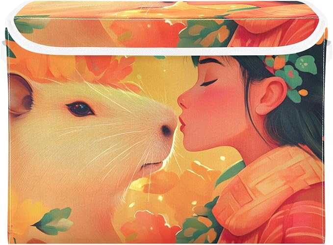 Storage Cube with Lid Capybara and Lady Print 16.5×12.6×11.8 IN Collapsible Large Capacity Foldable Storage Basket Bin Organizer