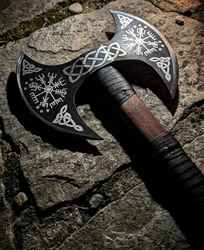 FORGE HIDE - Double Headed Viking Axe 27 High Carbon Steel Norse Dane Axe with Ash Wood Straight Shaft Scandinavian Nordic Axe Leather Scabbard Gift for Men