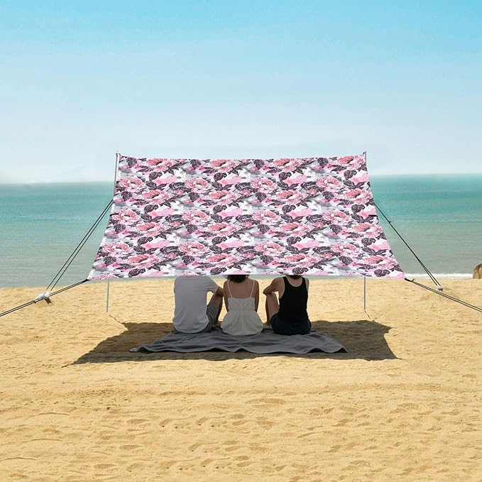 ALAZA Pink Peony Flower Watercolor Beach Tent Sun Shelter UPF50+ Protection Beach Shade Canopy w/ 4 Sandbags for Outdoor Camping Fishing Backyard Fun Picnic 10x9 ft