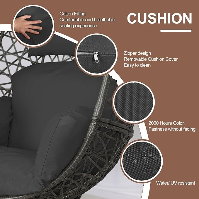 NICESOUL Bird Cage Swing Egg Chair UV/Water-Resistant 450lbs Capacity Wicker Swinging Chairs with Stand Comfy Oversized Hanging Seat w/Cushion Metal Frame &amp Cover for Indoor Outdoor Dark Grey