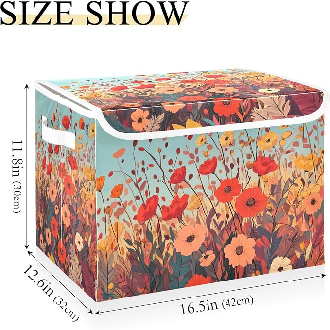 Collapsible Storage Bins with Lids Decorative Fabric Storage Cubes Closet Organizer and Storage Basket Boxes Containers for Clothes Box Chest Nursery Folding Rectangle Autumn Poppy Flowers