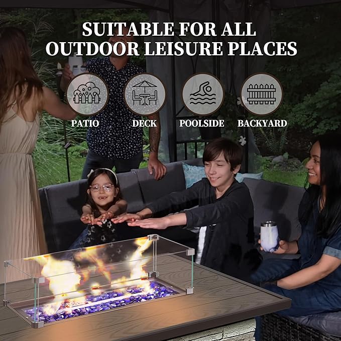 PIZZELLO 43 Inch Propane Fire Pit Table Outdoor Stone Firepit Table Rectangular 50000 BTU Propane Fire Tables for Outside Patio with Wind Guard Table Lid Fire Beads CoverPizzello Caldo (Gray)