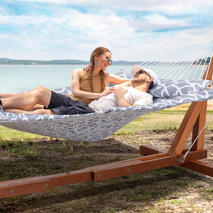SUNCREAT Outdoor Double Hammock with Stand Two Person Cotton Rope Hammock with Polyester Pad Circle Pattern