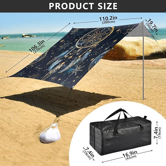 ALAZA Dreamcatcher Doodle Mandala Stars Beach Tent Sun Shelter Portable Canopy Sunshade for Outdoor Camping Picnics Backyard Fun 10x9 ft