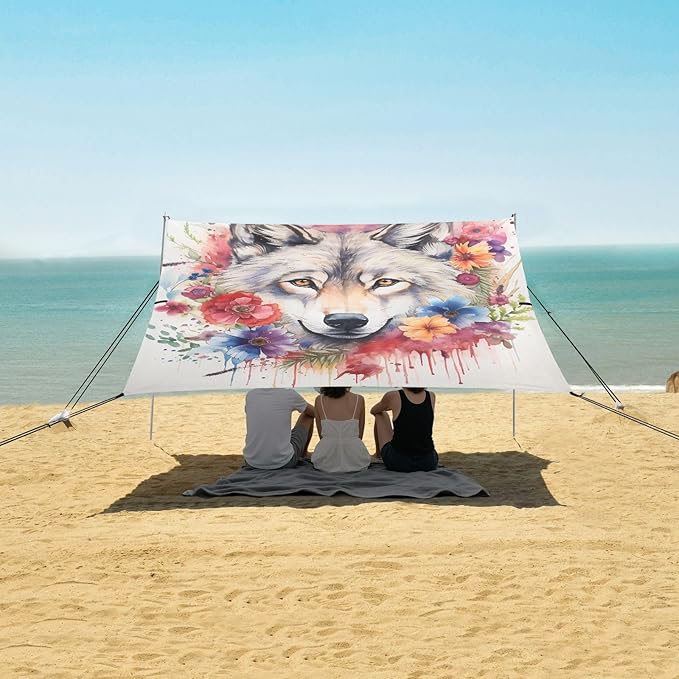 ALAZA Wolf Portrait Flower Beach Tent Sun Shelter Portable Canopy Sunshade for Outdoor Camping Picnics Backyard Fun 10x9 ft