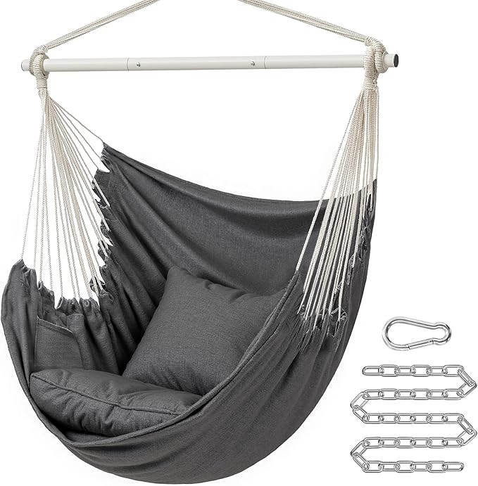 SONGMICS Hammock Chair Load Capacity 500 lb Hanging Chair with 2 Cushions Large Hammock Swing with Chain and Pocket for Indoor Outdoor Living Room Bedroom Slate Gray UGDC197G02