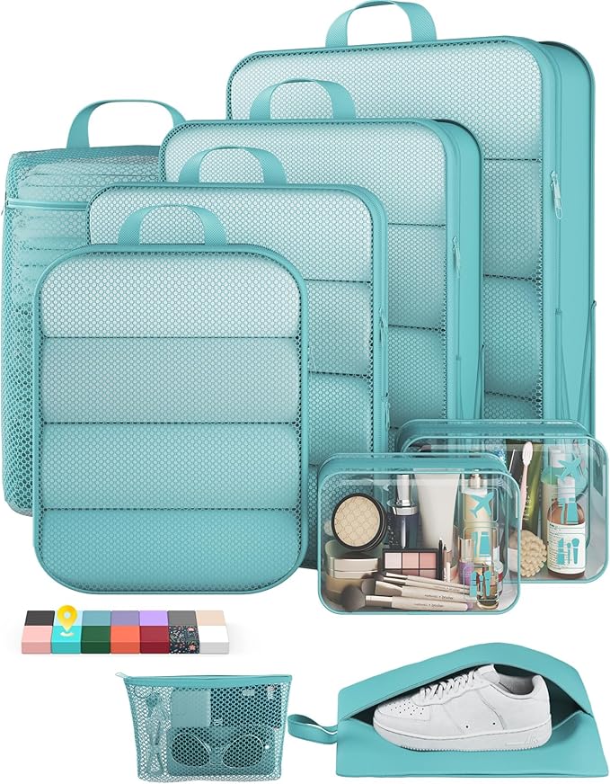Veken 9/11 Set Compression Packing Cubes for Travel EssentialsCompressible Expandable Large Luggage Suitcase Organizer Bags for ClothingDurable Space Saver Storage Bags(Blue Green)