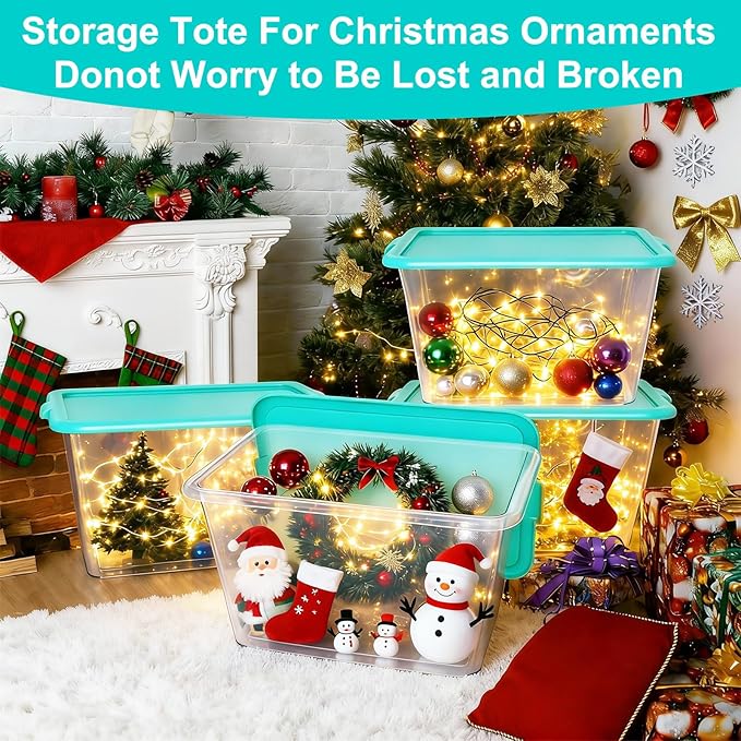 Storage Totes with Lids - Made in USA 14.5-Gallon (58-Quart) 4-Pack Aqua Storage Bins with Lids Plastic Storage Containers Large Storage Boxes for Organizer Aqua/Clear