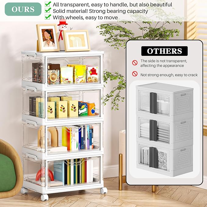 Kmiectse Clear Storage Bins with Lids4 Tier Plastic Bins with WheelsStackable Storage BinCloset Organizers Box for BedroomLiving RoomToy23 QT Folding Box with Magnetic door