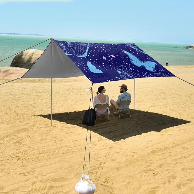 xigua Butterfly Beach Tent Sun Shelter with Carrying Bag - Silver Coated Oxford Fabric Beach Canopy for Beach Camping Fishing - Includes Windproof Ropes Sandbags &amp Stakes