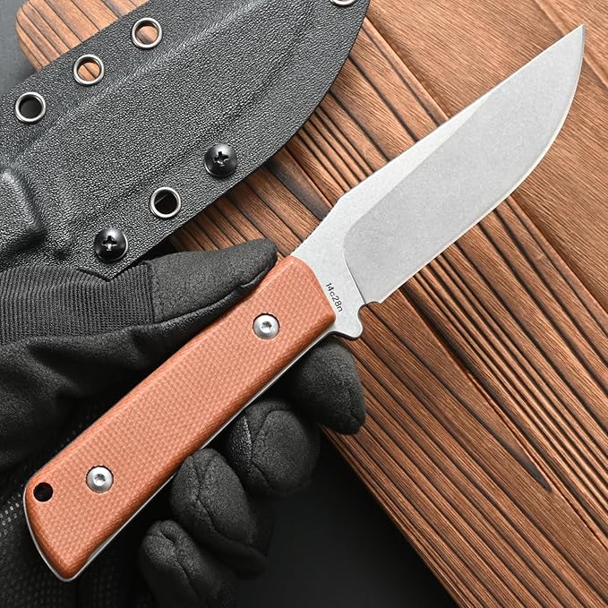 FF104 Fixed Blade Knife 14C28N Steel Blade Micarta Handle Full Tang Knife for Outdoor Camping Hunting Fishing Working(Brown)
