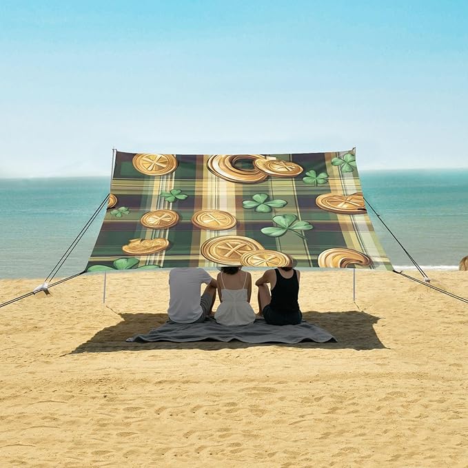 xigua St. Patrick's Day Beach Tent Sun Shelter with Carrying Bag - Silver Coated Oxford Fabric Beach Canopy for Beach Camping Fishing - Includes Windproof Ropes Sandbags &amp Stakes