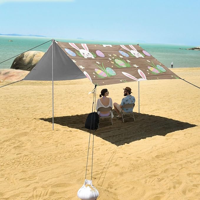 Beach Canopy with Windproof Ropes &amp Sandbags Beach Tent Sun Shade Sun Shelter for Camping Trips Fishing Backyard Fun or Picnics Easter Bunny