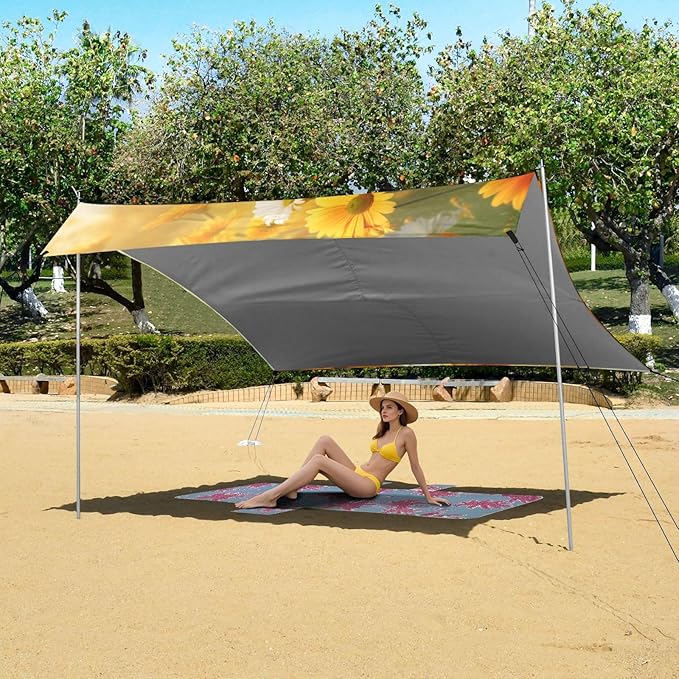 ALAZA Cute Puppy Dog Daisy Beach Tent Sun Shelter UPF50+ Protection Beach Shade Canopy w/ 4 Sandbags for Outdoor Camping Fishing Backyard Fun Picnic 10x9 ft