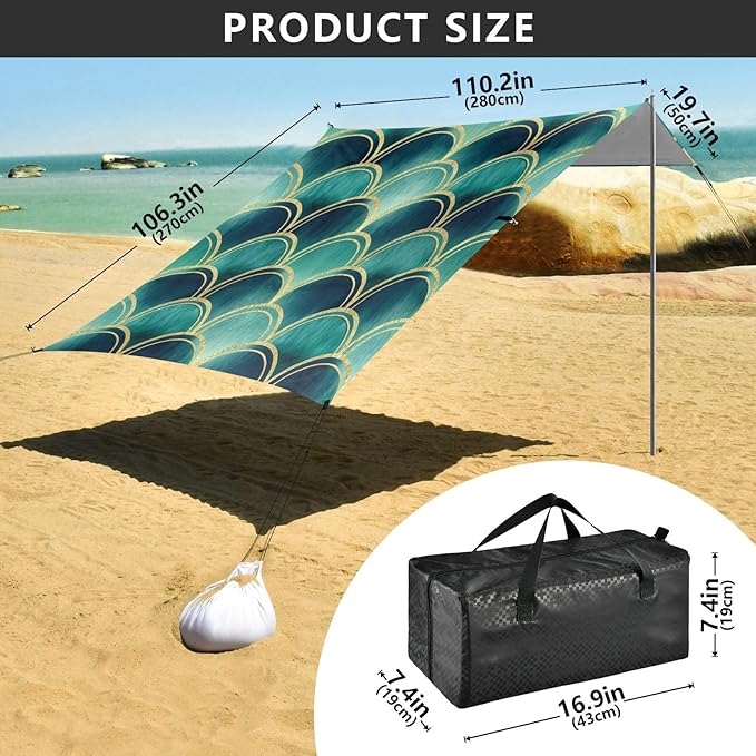xigua Scallop Shapes Beach Tent Sun Shelter with Carrying Bag - Silver Coated Oxford Fabric Beach Canopy for Beach Camping Fishing - Includes Windproof Ropes Sandbags &amp Stakes