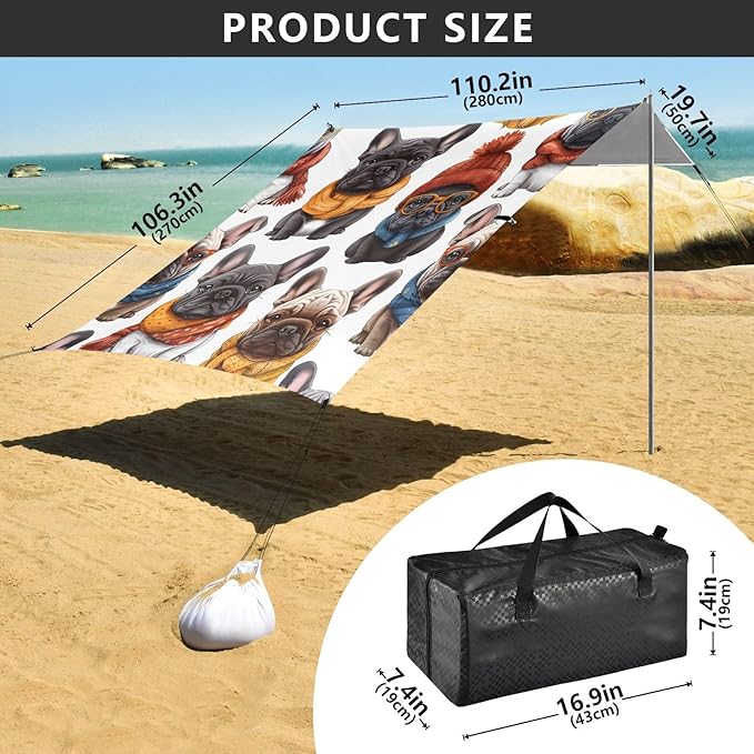 ALAZA French Bulldogs with Hat Dogs Beach Tent Sun Shelter UPF50+ Protection Beach Shade Canopy w/ 4 Sandbags for Outdoor Camping Fishing Backyard Fun Picnic 10x9 ft
