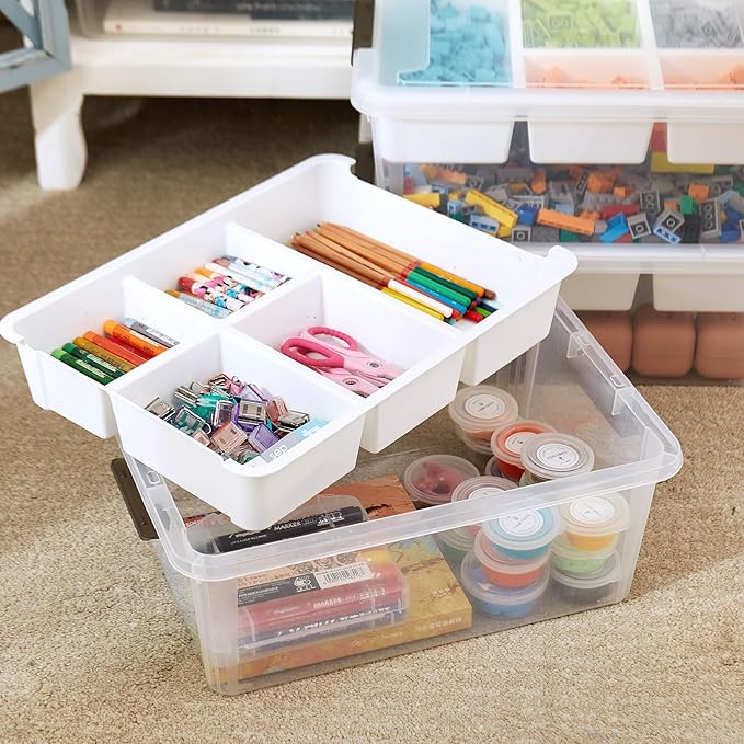 MACOPRO 17 QT Plastic Storage Box with Removable Tray Bins with Lids Clear Storage Container for Craft Supplies Beads Tools Sewing and Playdoh Organization (White 1Pack-17QT)
