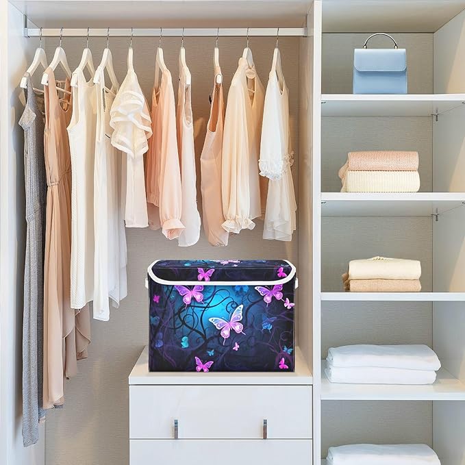 YETTASBIN Purple Blue Butterfly Storage Basket with Lid and Handles Large Collapsible Fabric Storage Bins Durable Storage Organizer for Shelves Closet Bedroom School Office Home Decor