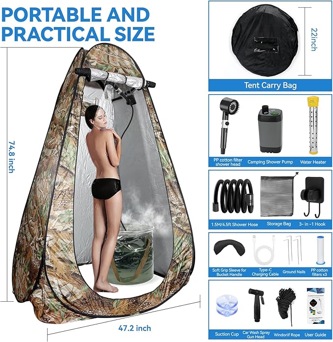 Portable Shower with Heater &amp Tent – 6.6 Gallon Foldable Bucket 1500W Auto-Off Heater 6000mAh Rechargeable Portable Camping Shower Pump Digital Temp &amp Power Display for Hiking &amp Beach