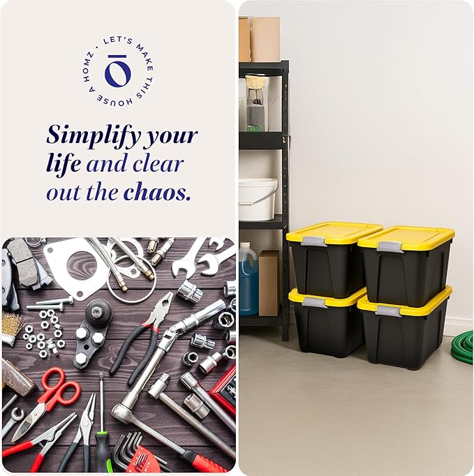 Homz 22-Gallon Durabilt Plastic Stackable Home Office Garage Storage Organization Container Bin w/Latching Lid and Handles Black/Yellow (4 Pack)