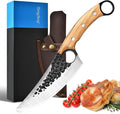 ZhengSheng Chef Knife Great Kitchen Knife with Leather Sheath Olive Wooden Handle Japanese Style Forged Viking knives for Home Cooking Camping BBQ