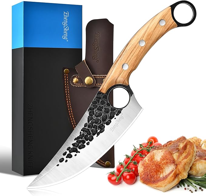 ZhengSheng Chef Knife Great Kitchen Knife with Leather Sheath Olive Wooden Handle Japanese Style Forged Viking knives for Home Cooking Camping BBQ