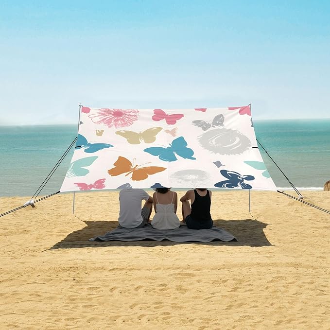 Cute Colorful Flowers Beach Tent Sun Shelter Set UPF50+ UV Protection 10.5 x 9.19 FT Camping Shade Canopy with Sandbags Sand Anchors Carrying Bag and Others