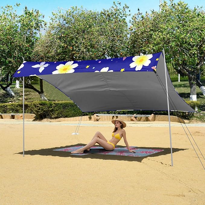 Beach Canopy with Windproof Ropes &amp Sandbags Beach Tent Sun Shade Sun Shelter for Camping Trips Fishing Backyard Fun or Picnics Flowers