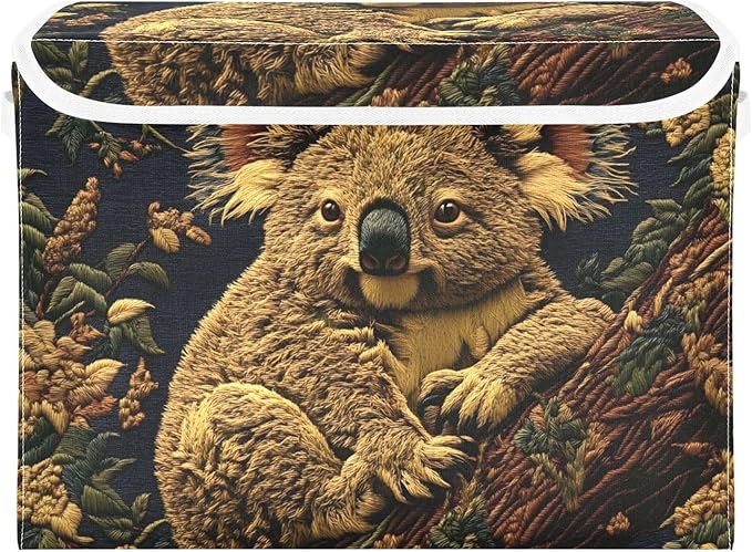 Forest Koala Storage Cube Bins Basket with Lid Collapsible Flip-top Fabric with Handle for Home Bedroom Closet Office 16.5×12.6×11.8 in